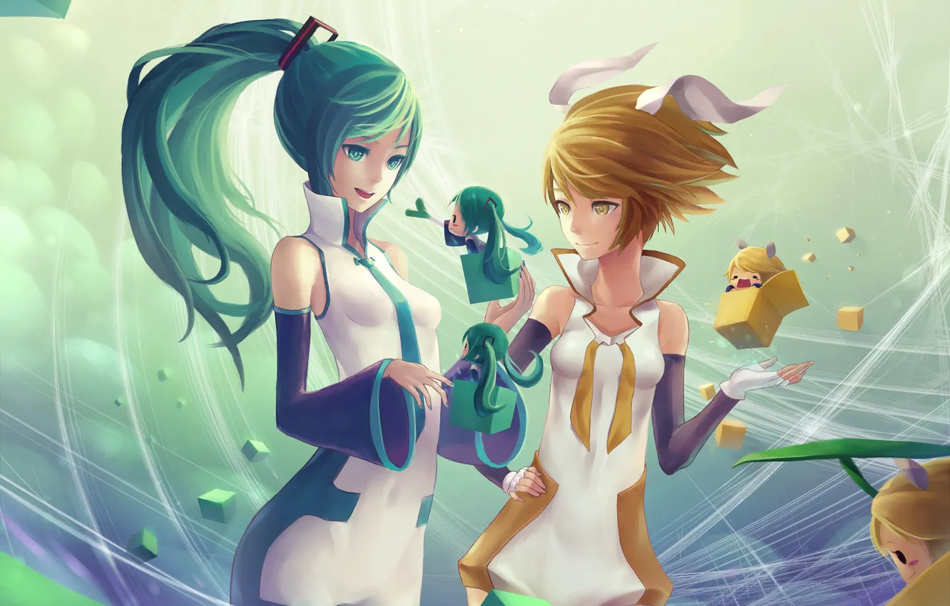 Photo wallpaper girl, cubes, art, vocaloid, hatsune miku, Chibi, kagamine rin, chibi
