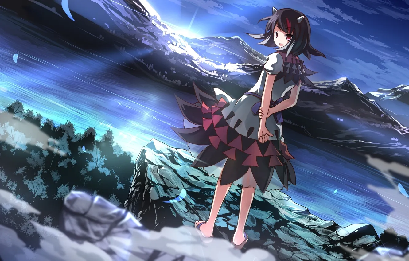 Photo wallpaper the sky, water, girl, clouds, landscape, sunset, mountains, smile