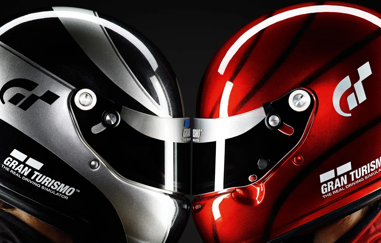 Photo wallpaper red, silver, helmet, profile, head, men, face-to-face, Gran Turismo