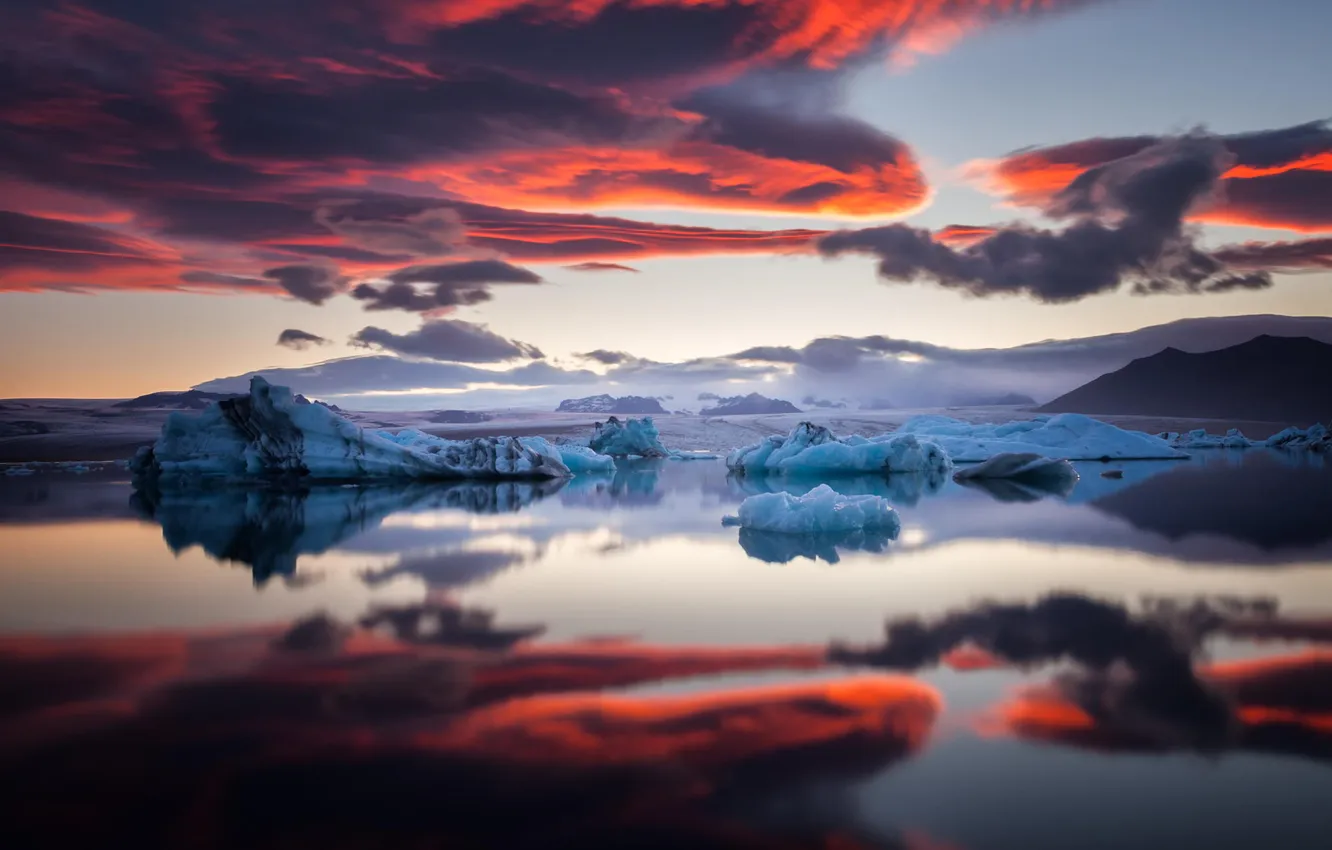 Photo wallpaper ice, sea, clouds, mountains, dawn, ajsbergi