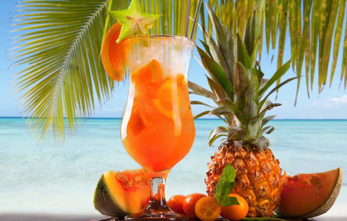Photo wallpaper sea, palm trees, orange, cocktail, pineapple, melon