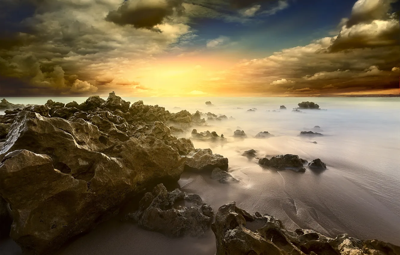 Photo wallpaper sea, wave, the sky, clouds, landscape, stones, rocks, shore