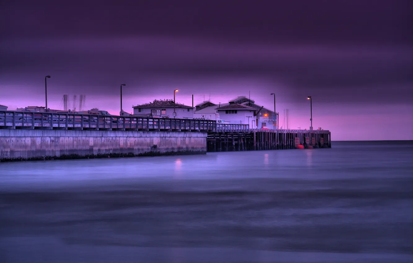 Photo wallpaper sea, night, lights, shore, horizon, lights, CA, pierce