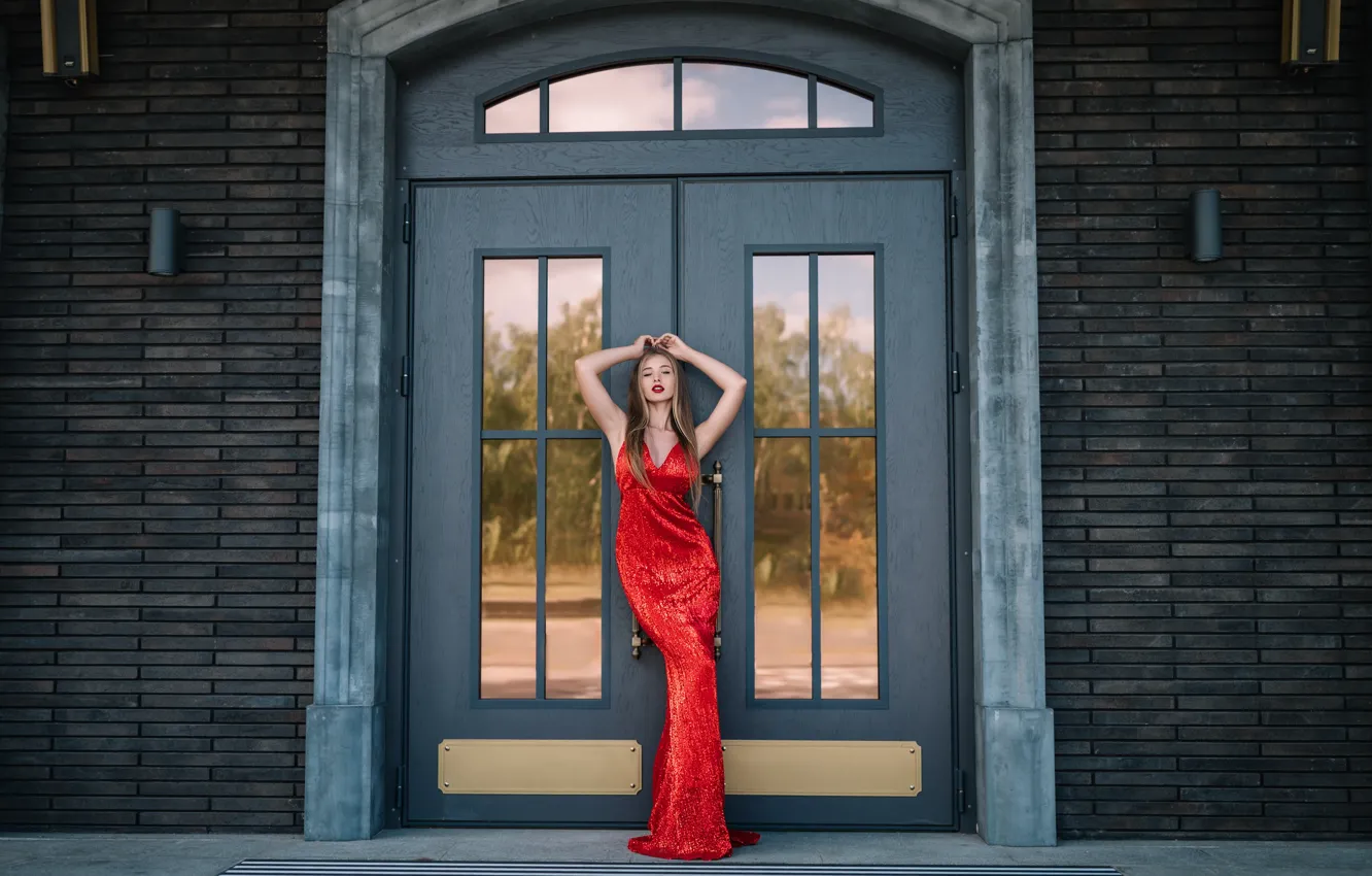 Photo wallpaper girl, pose, model, hands, figure, the door, red dress, long hair