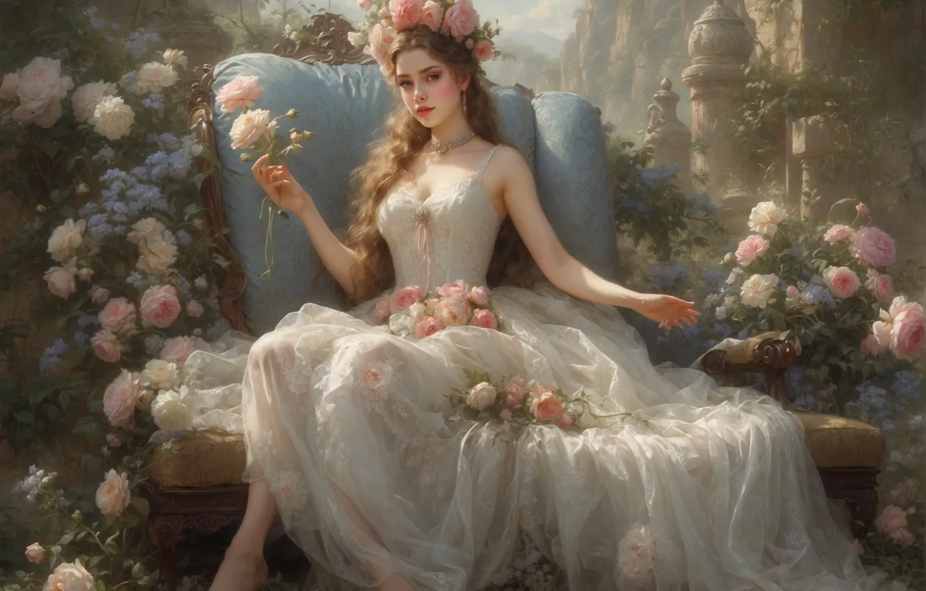 Photo wallpaper white, girl, flowers, dress, beautiful, sitting, airelle
