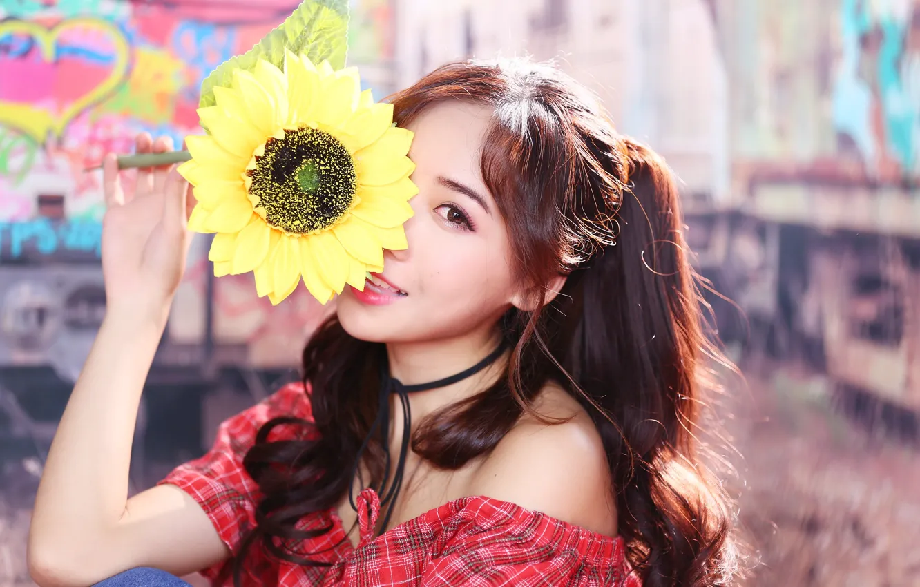 Photo wallpaper look, girl, sunflowers, cutie, East