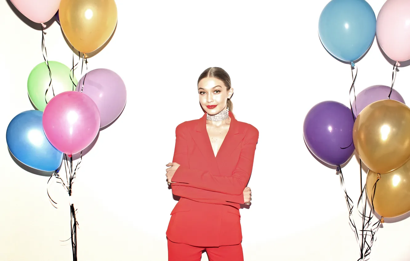 Photo wallpaper balls, pose, smile, model, brunette, hairstyle, costume, white background