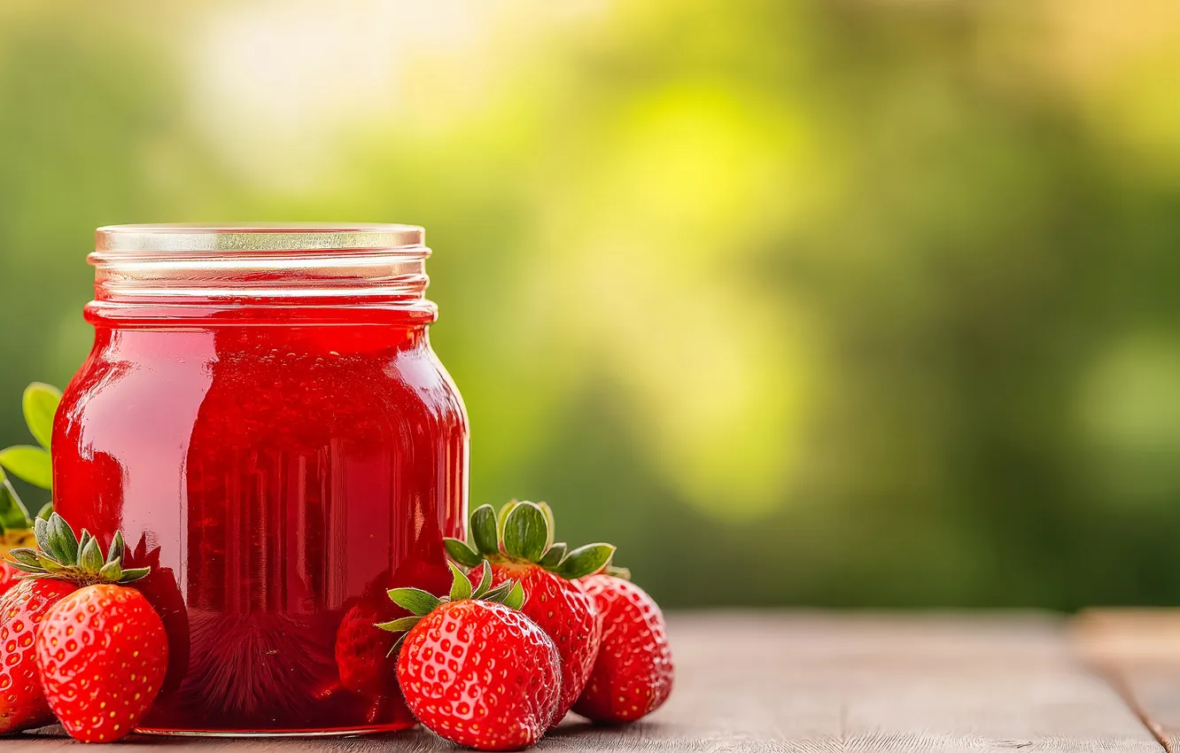 Photo wallpaper summer, glass, table, strawberry, Bank, green background, jam, bokeh