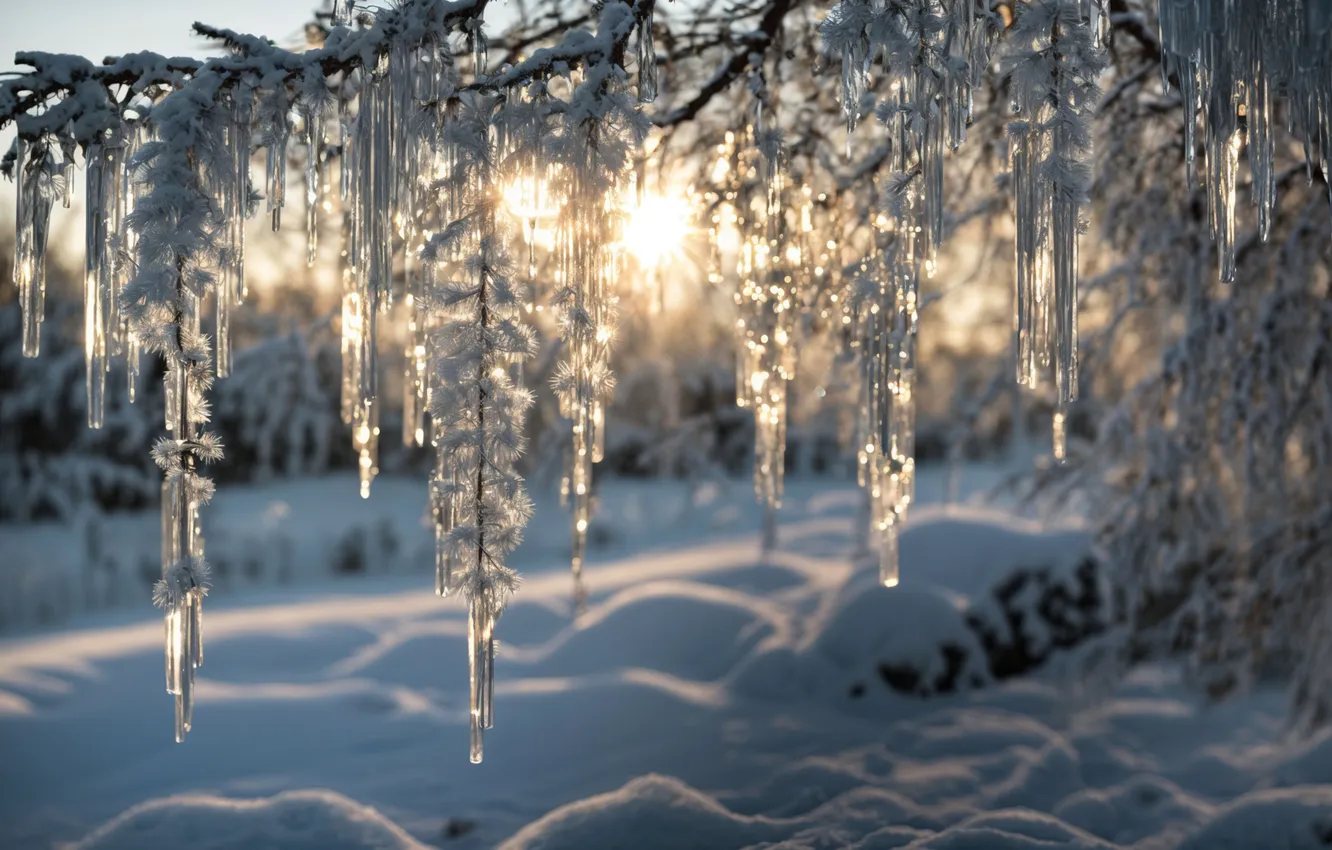 Photo wallpaper ice, winter, forest, transparency, the sun, rays, snow, trees
