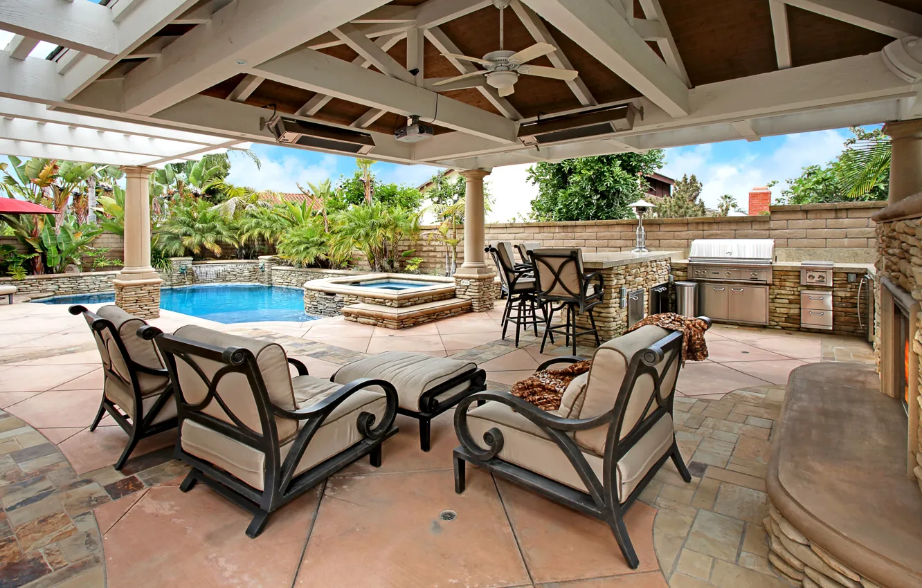 Photo wallpaper furniture, Villa, interior, pool, veranda