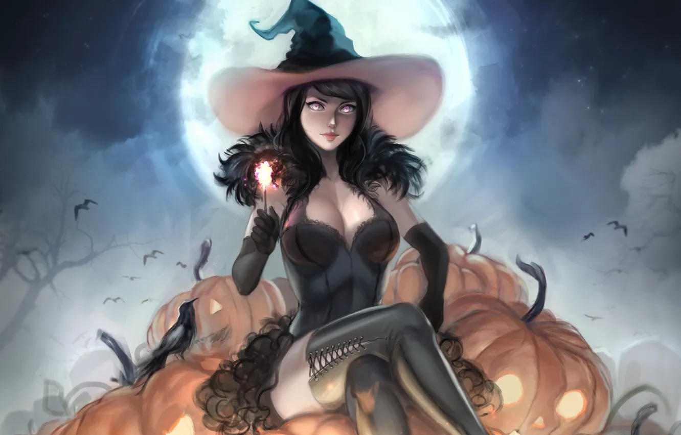 Photo wallpaper girl, hat, pumpkin, Halloween, witch