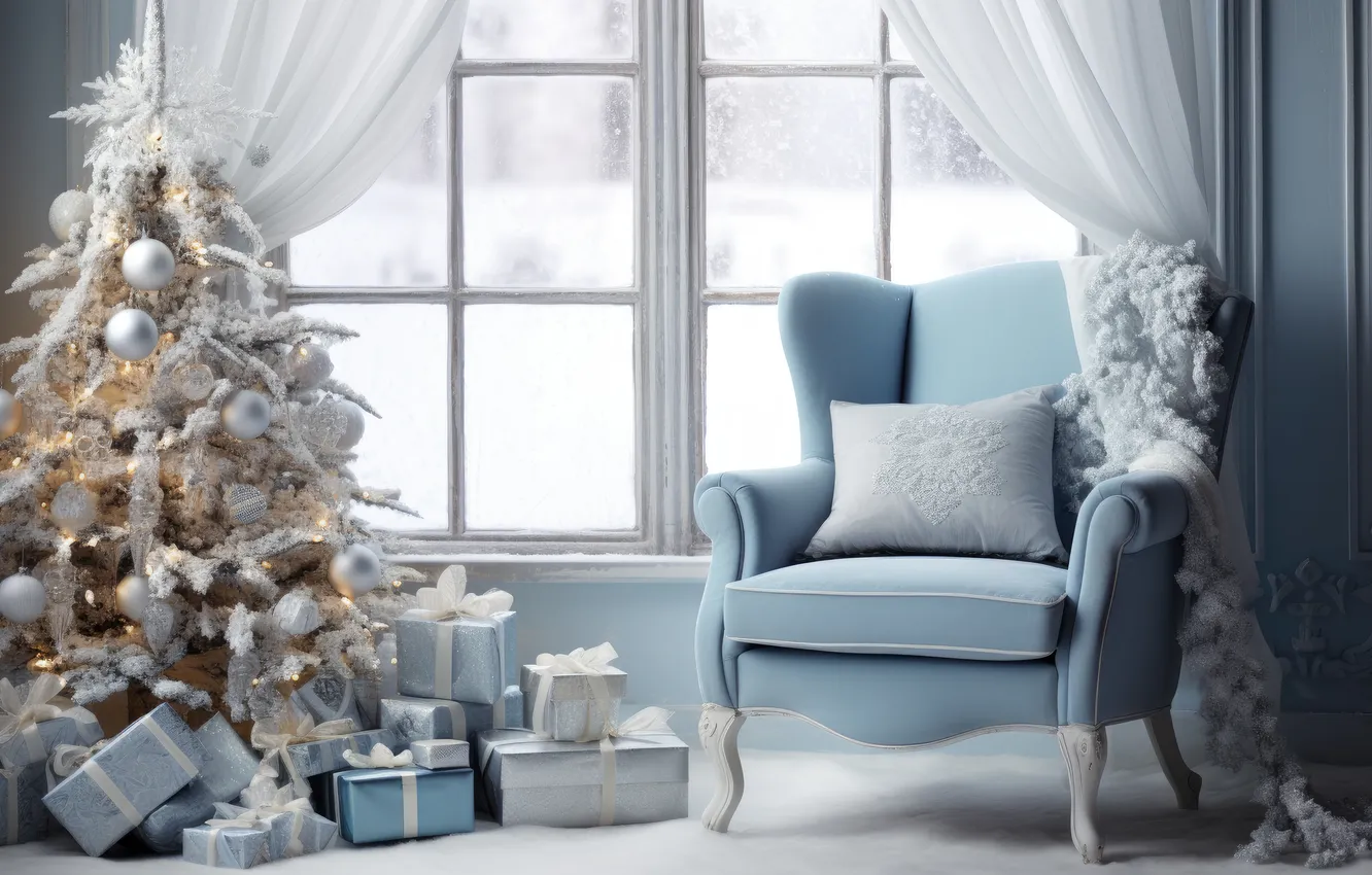 Photo wallpaper winter, frost, snow, decoration, room, tree, new year, interior