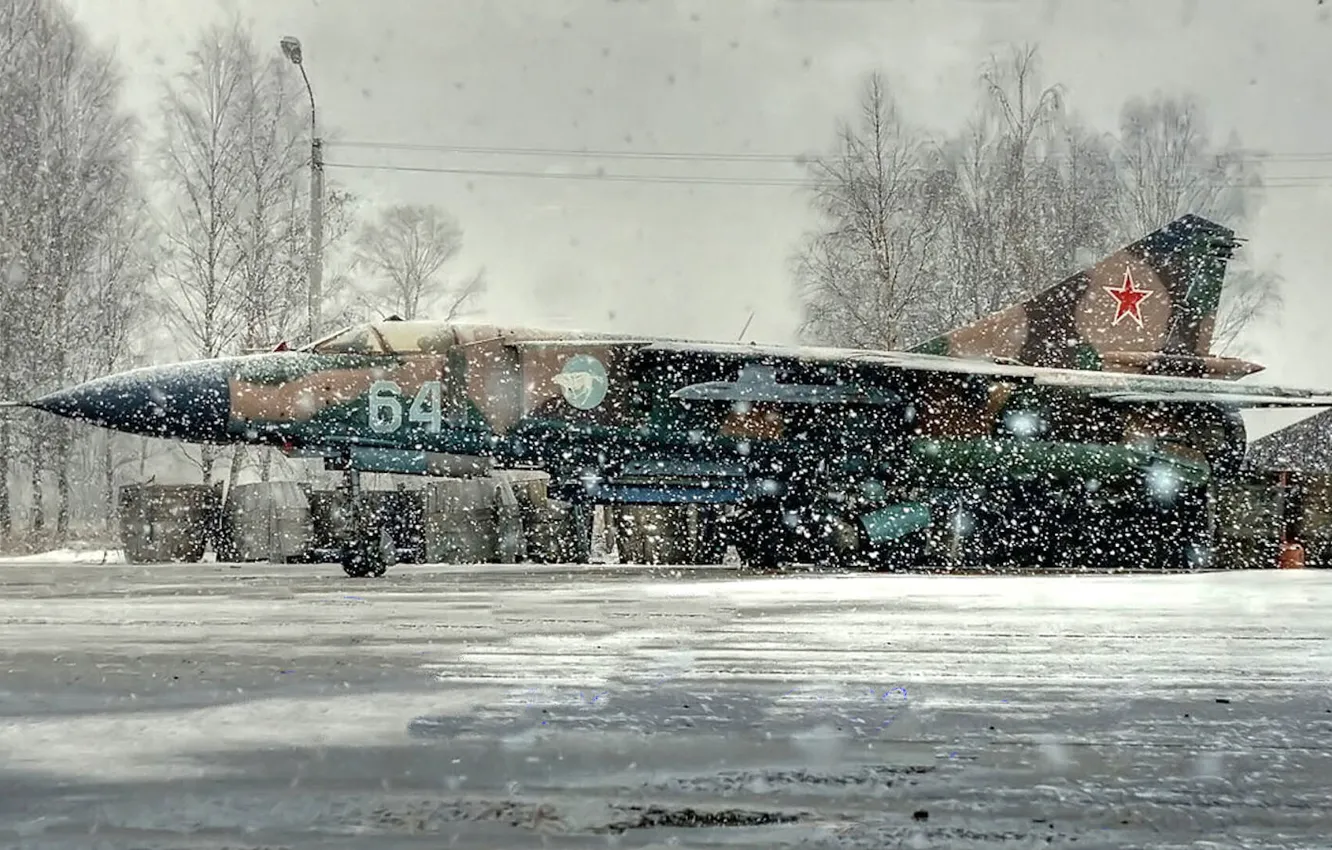Photo wallpaper winter, fighter, Parking, the plane, snowfall, the MiG-23