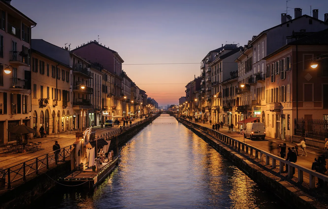 Photo wallpaper sunset, lights, home, the evening, lights, Italy, channel, Milan