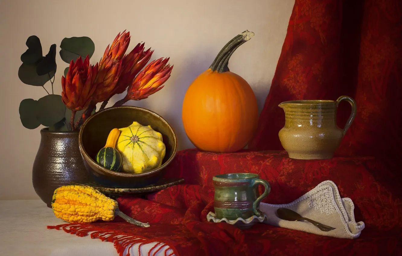 Photo wallpaper red, food, pumpkin, still life, vegetables, shawl