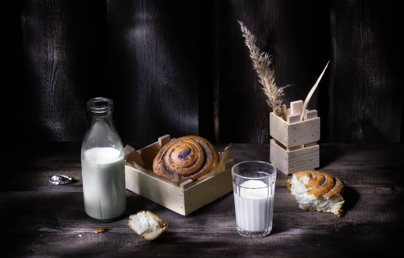 Photo wallpaper glass, table, Board, bottle, milk, spikelets, bread, still life