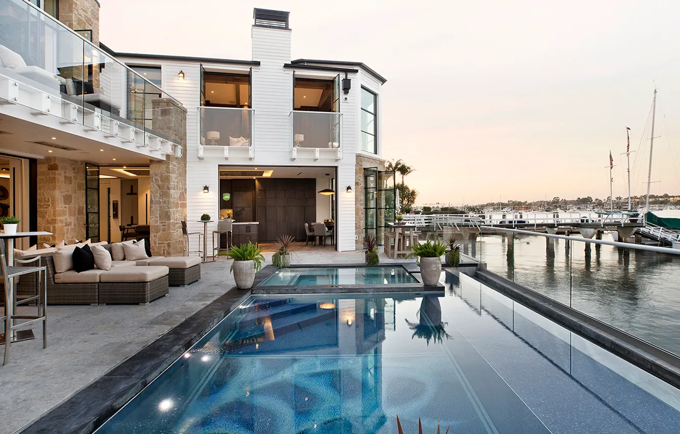 Photo wallpaper Villa, pier, CA, architecture, buildings, harbour, terrace, Orange County