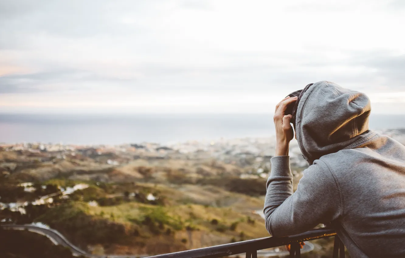 Photo wallpaper road, greens, trees, hood, guy, overview, Vit