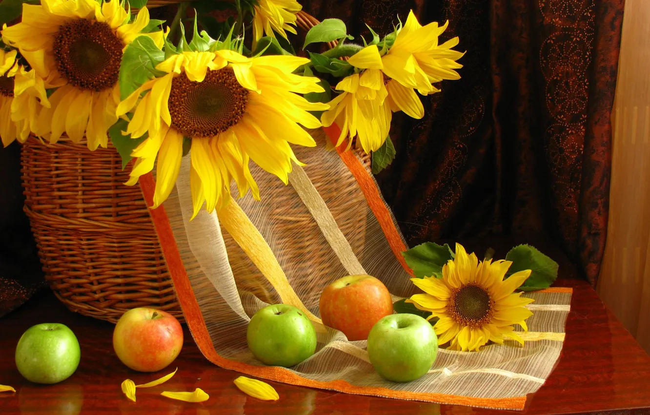 Photo wallpaper sunflowers, flowers, apples, petals, fruit, still life
