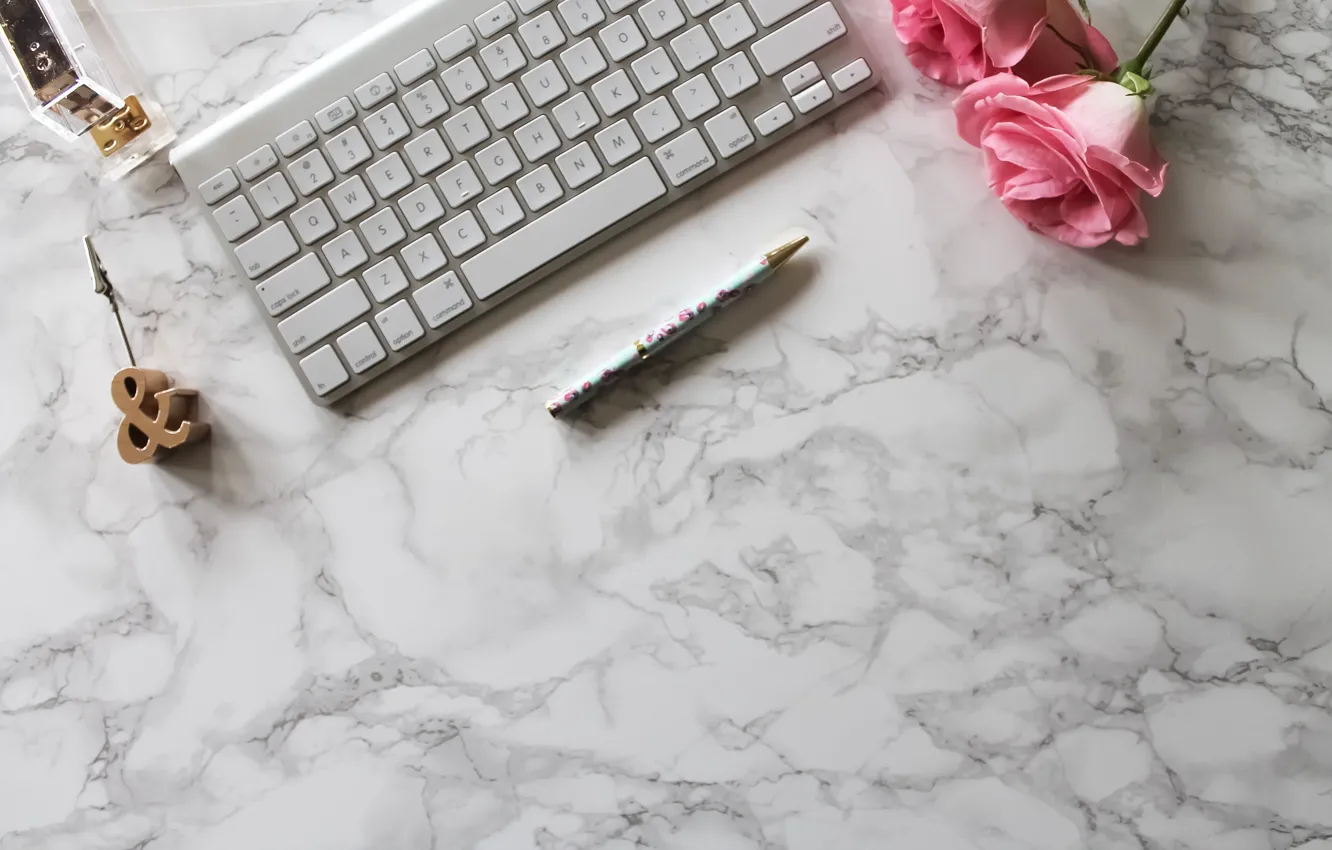 Photo wallpaper roses, handle, pink, flowers, roses, keyboard, marble
