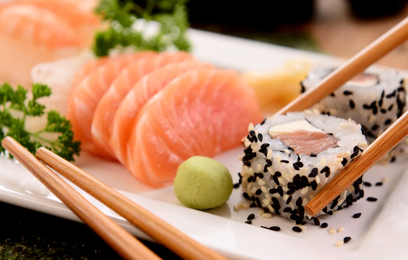 Photo wallpaper fish, sticks, rolls, sushi, sushi, sesame, fish, rolls