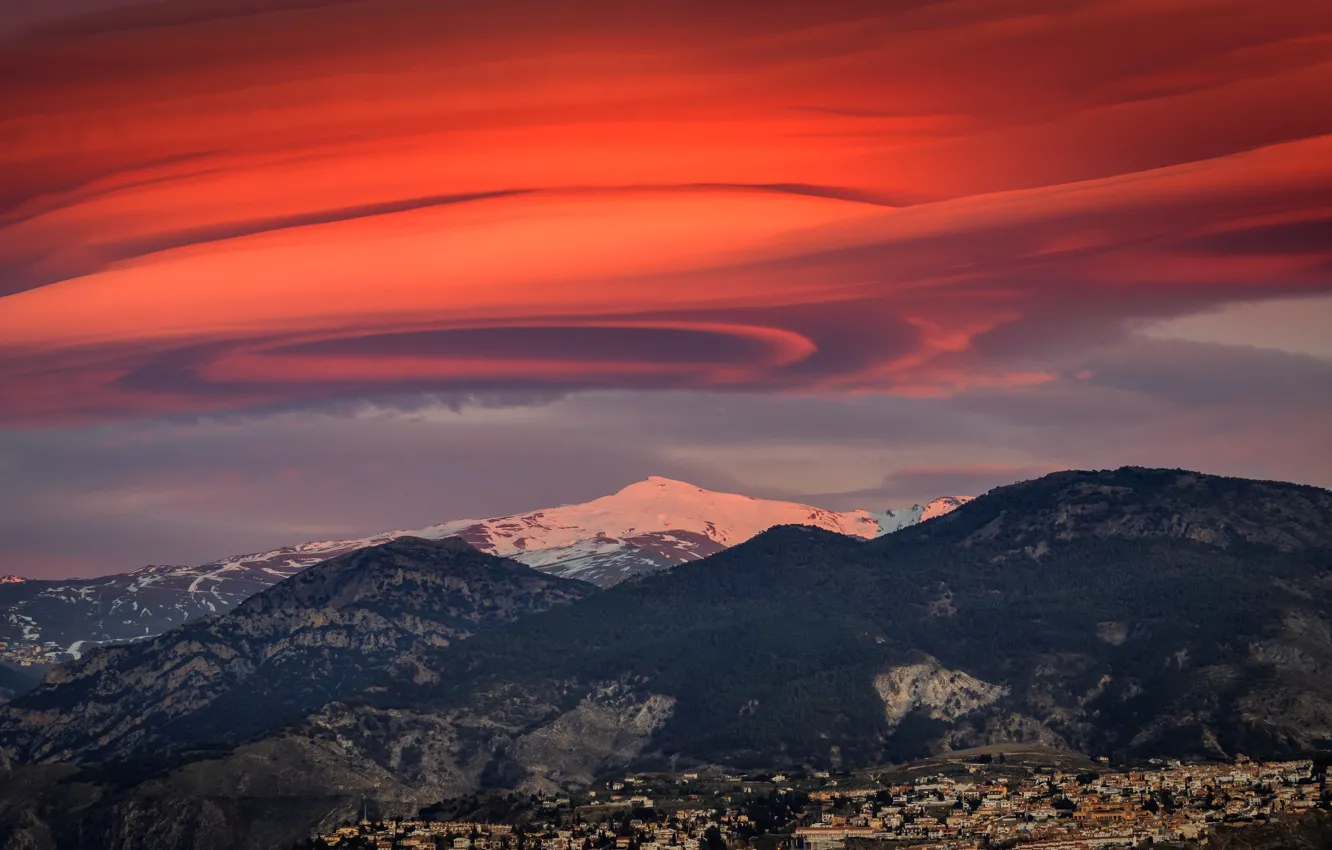 Photo wallpaper clouds, mountains, glow, Spain, Sierra Nevada