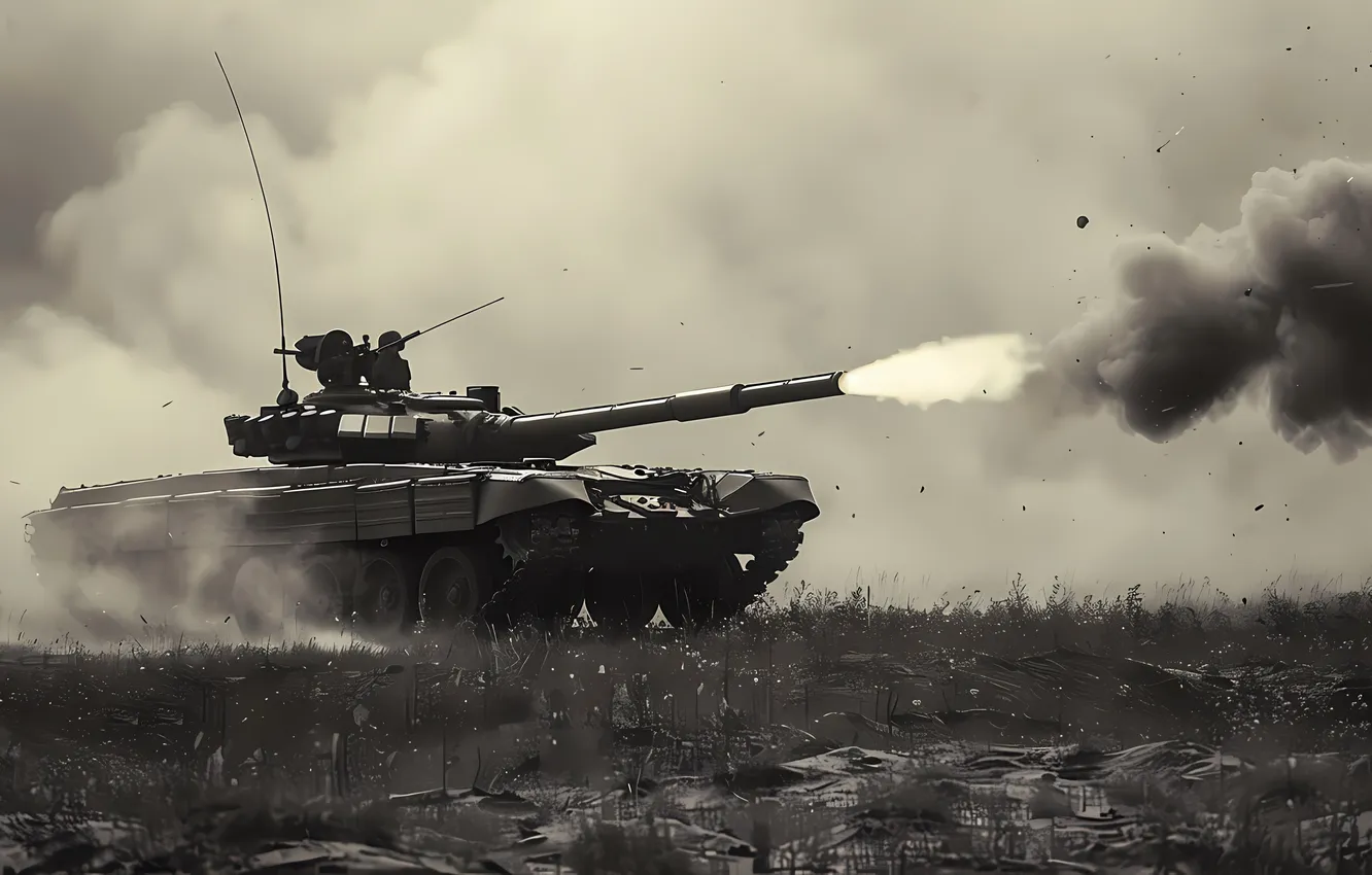 Photo wallpaper retro, smoke, dust, shot, tank, black and white, digital art, AI art