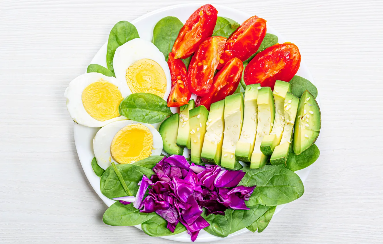 Photo wallpaper eggs, plate, tomatoes, avocado, spinach