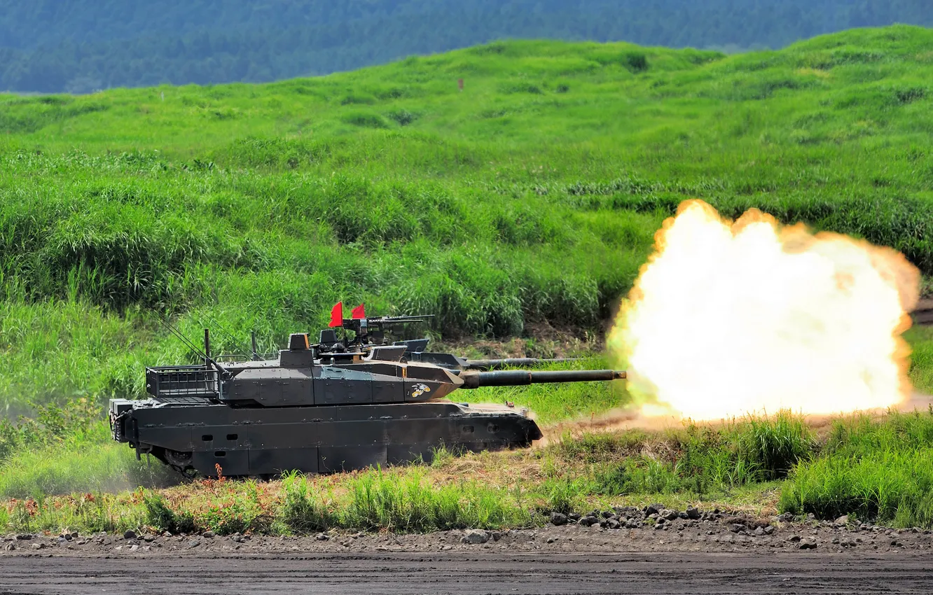 Photo wallpaper field, lights, tank, combat, Japanese, main, Type 10