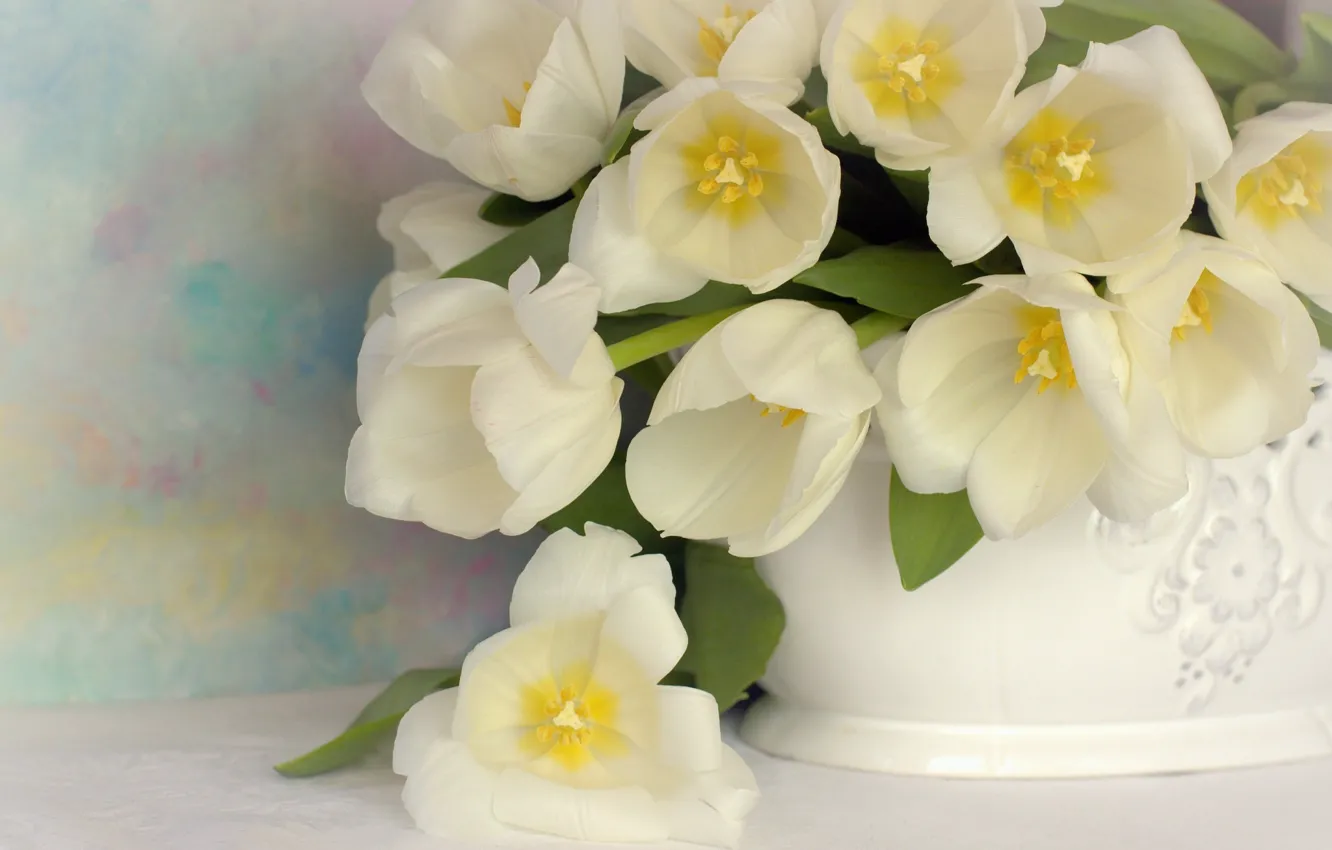 Photo wallpaper flowers, bouquet, tulips, vase, white