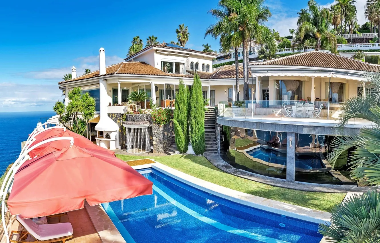 Photo wallpaper palm trees, Villa, pool, architecture, terrace, cypress, Tenerife, The Canary Houses