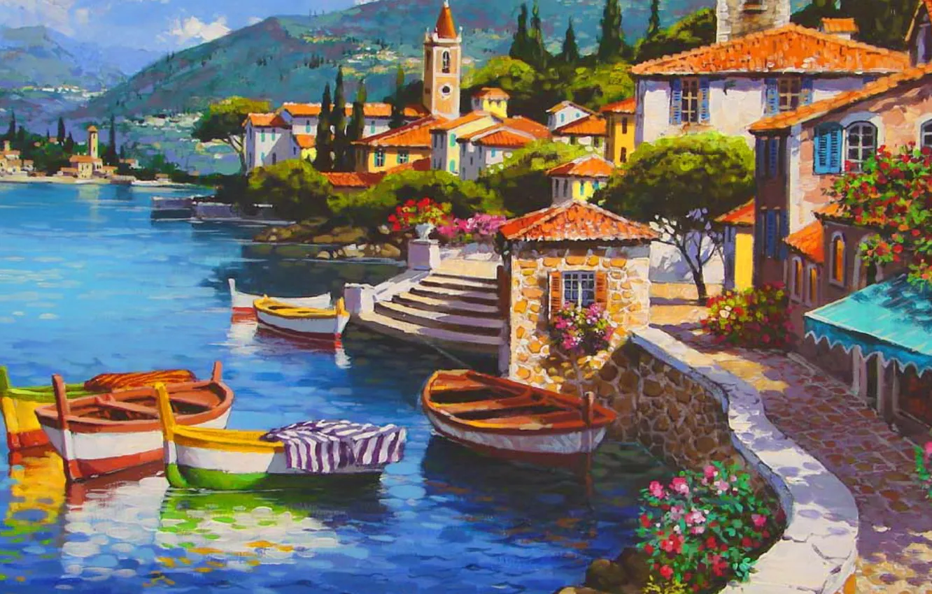 Photo wallpaper sea, the city, picture, painting, painting, Adriatica, Pier Shore