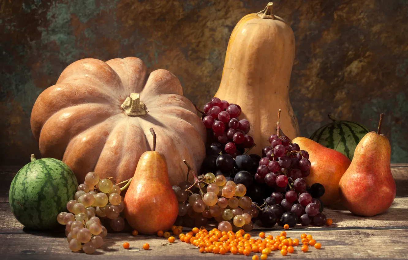 Photo wallpaper autumn, harvest, pumpkin, autumn, leaves, nuts, still life, fruits