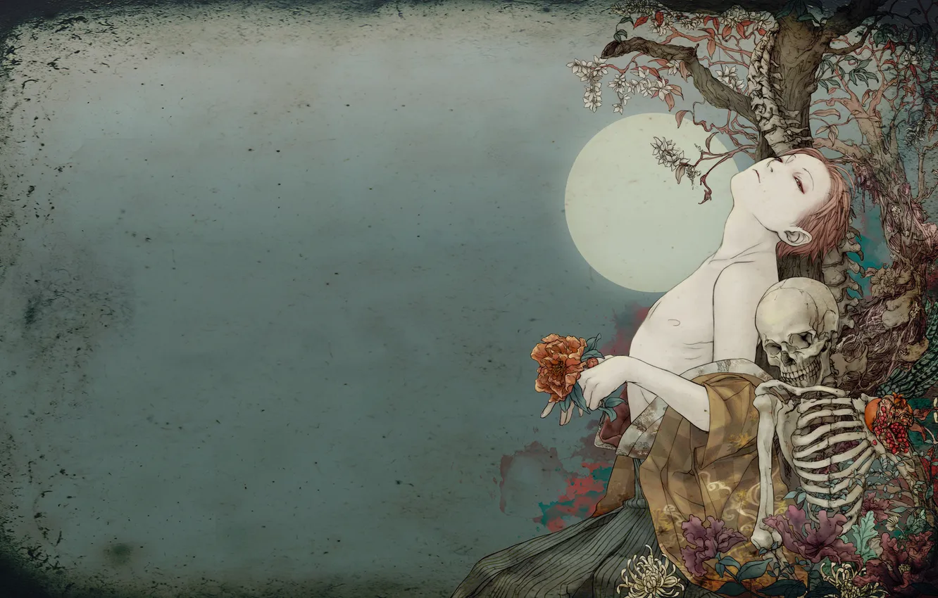 Photo wallpaper trees, flowers, the moon, skull, skeleton, kimono, mecchori