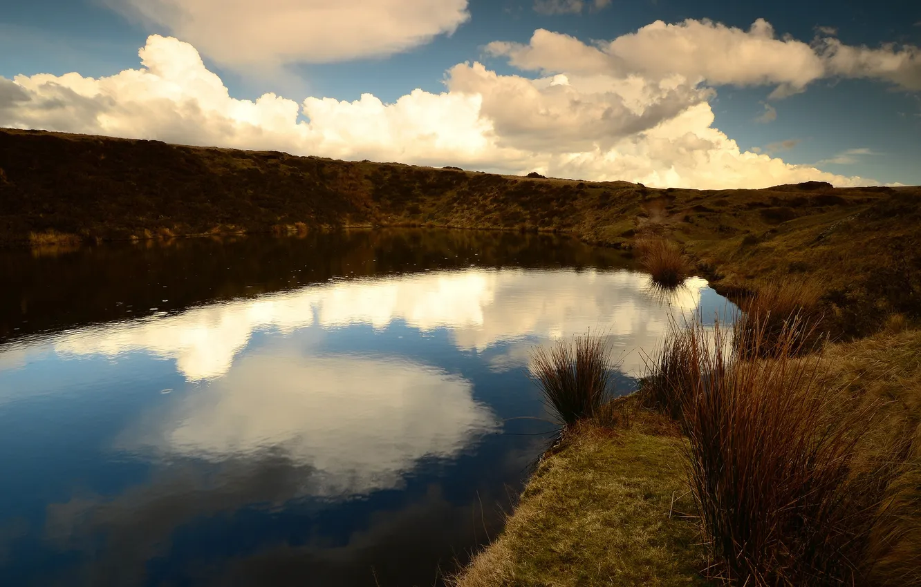 Photo wallpaper autumn, grass, clouds, lake, reflection