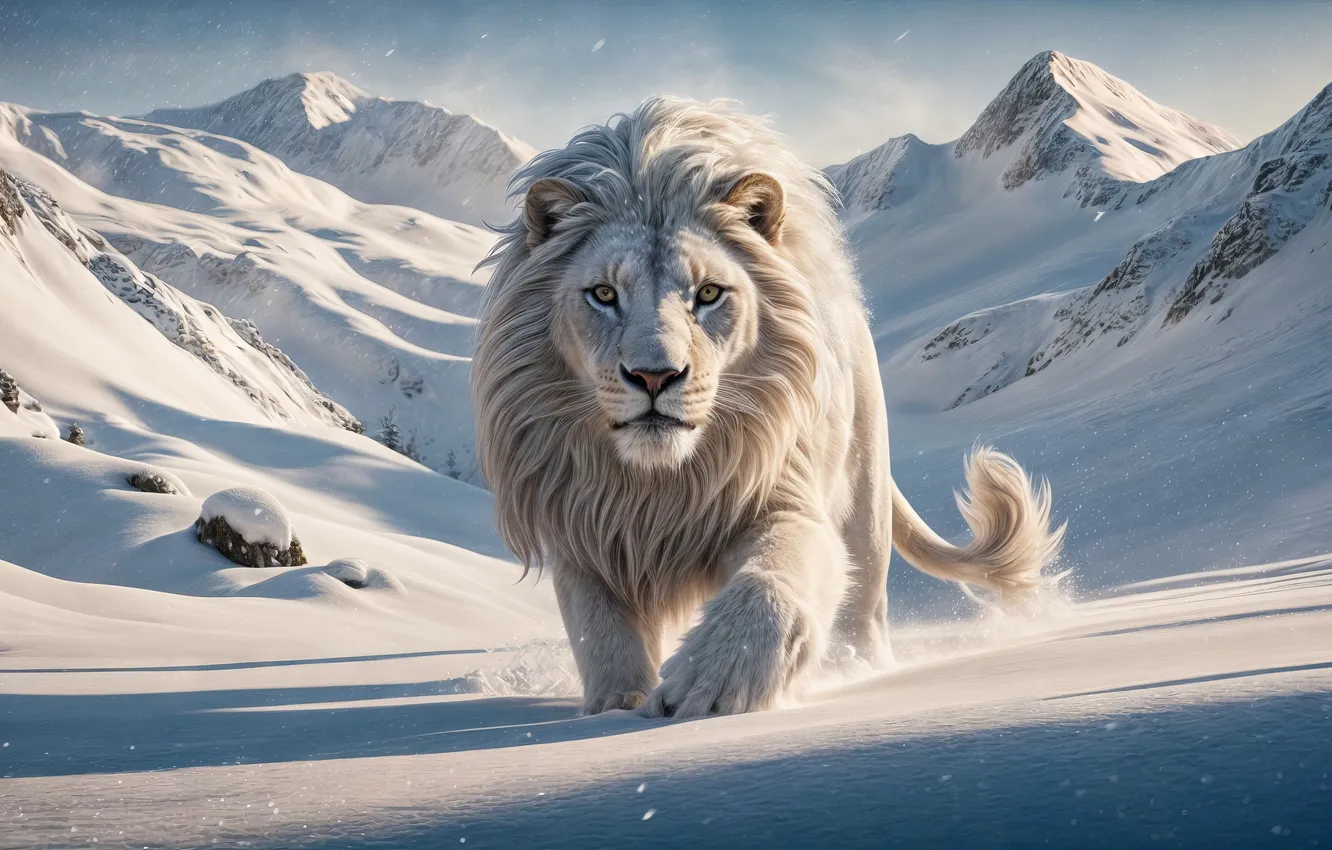 Photo wallpaper snow, mountains, Leo, white lion