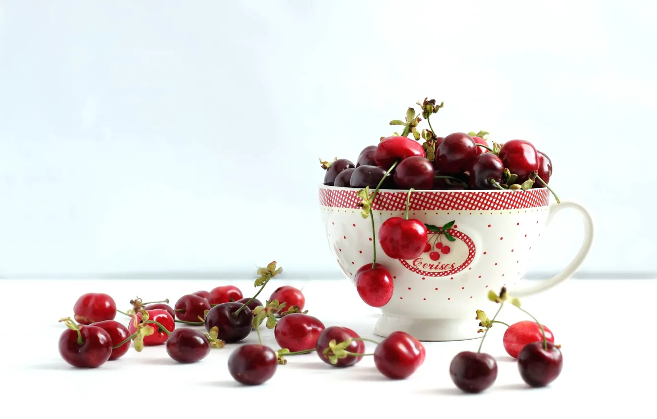 Photo wallpaper berries, Cup, cherries, cherry.