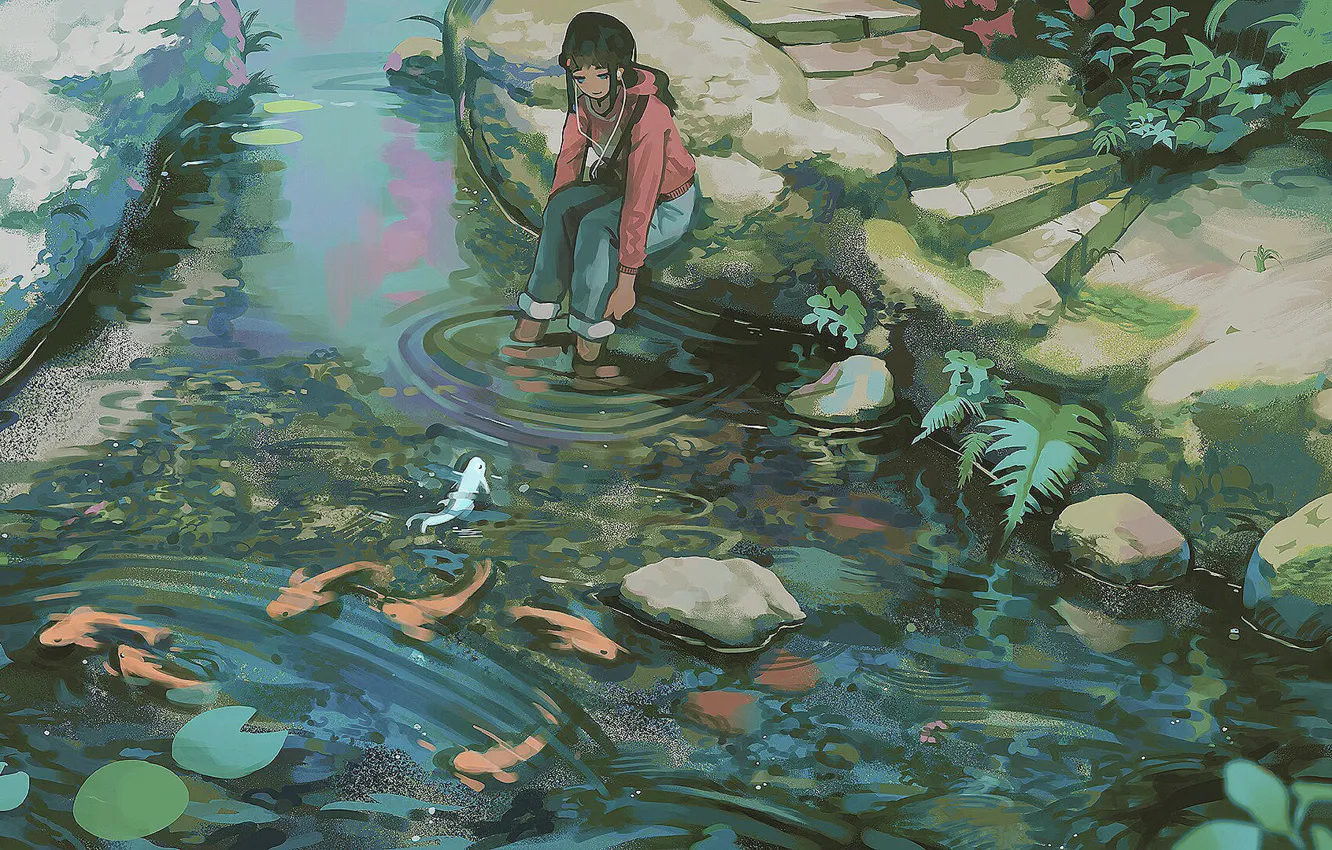 Photo wallpaper jeans, headphones, girl, stage, pond, on the shore, in the Park, koi