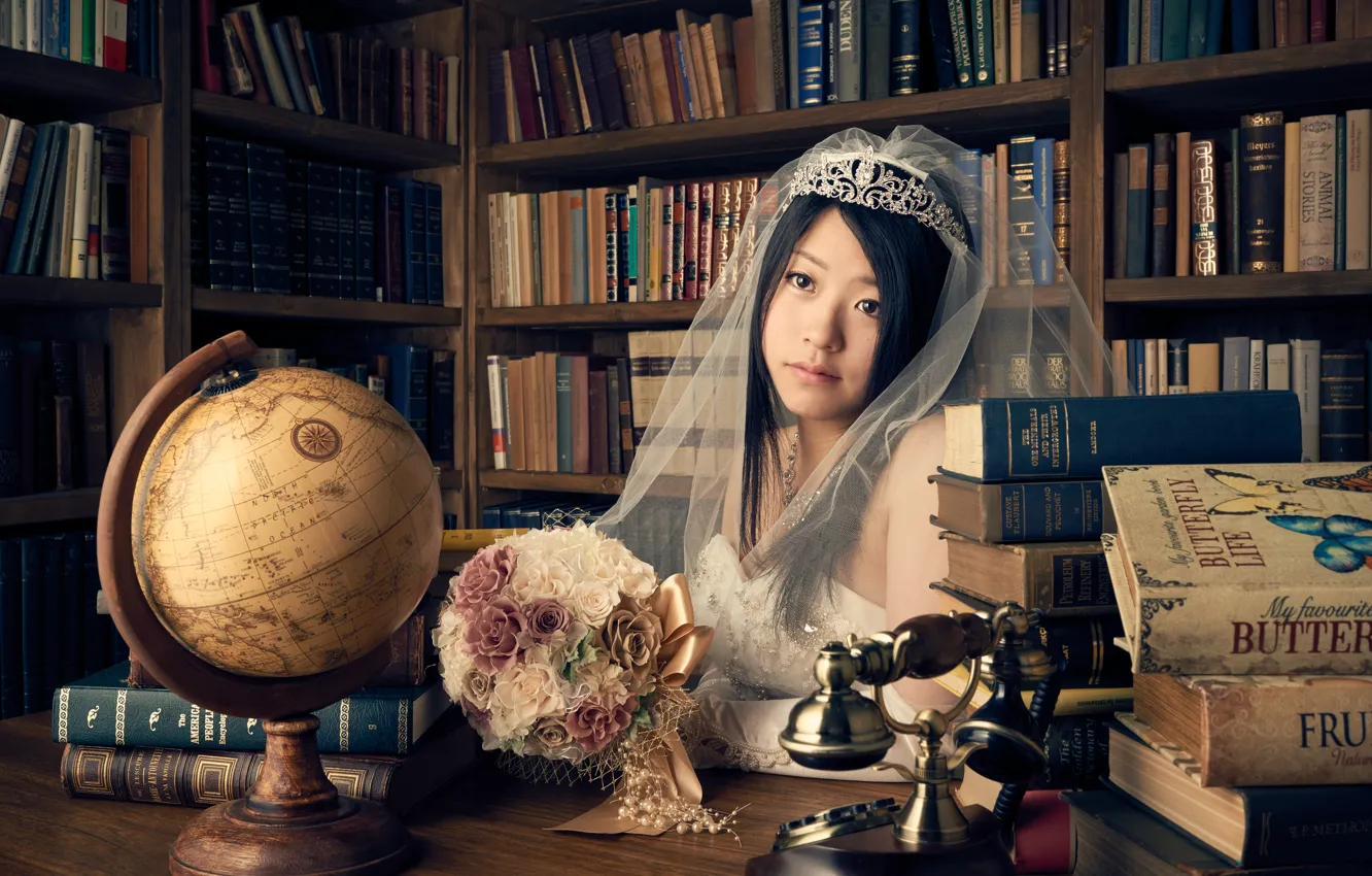 Photo wallpaper look, girl, style, mood, books, bouquet, phone, library