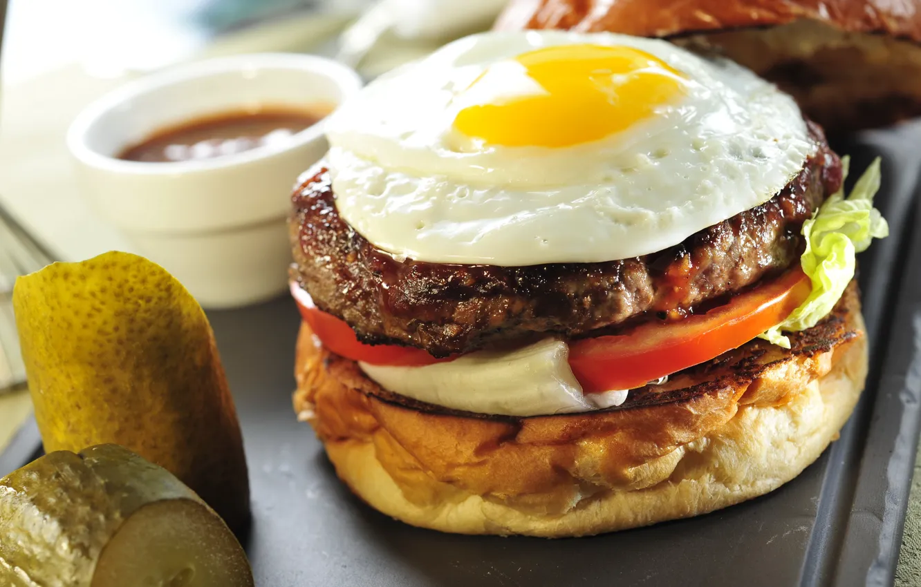 Photo wallpaper egg, tomato, hamburger, sandwich, roll, fast food, burgers, Fast food