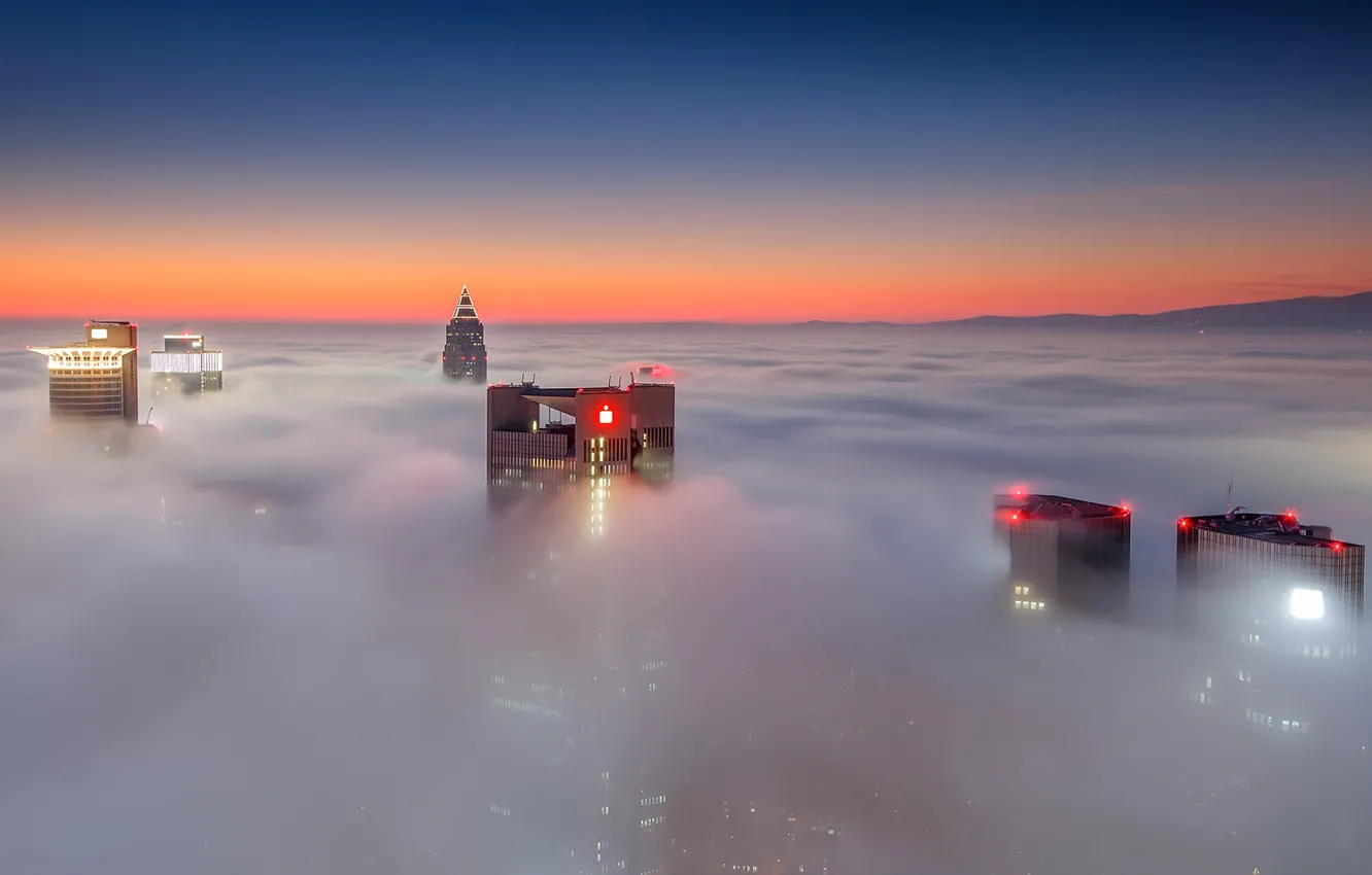 Photo wallpaper clouds, fog, skyscrapers, Germany, Frankfurt am main