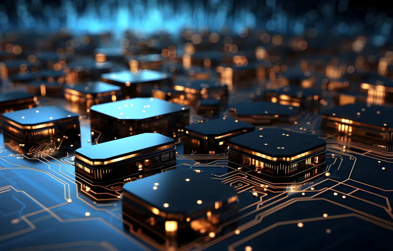 Photo wallpaper surface, light, abstraction, lights, the dark background, chip, glow, scheme