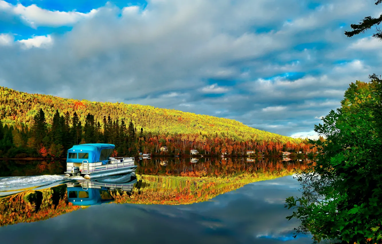 Photo wallpaper autumn, forest, clouds, landscape, nature, lake, reflection, hills