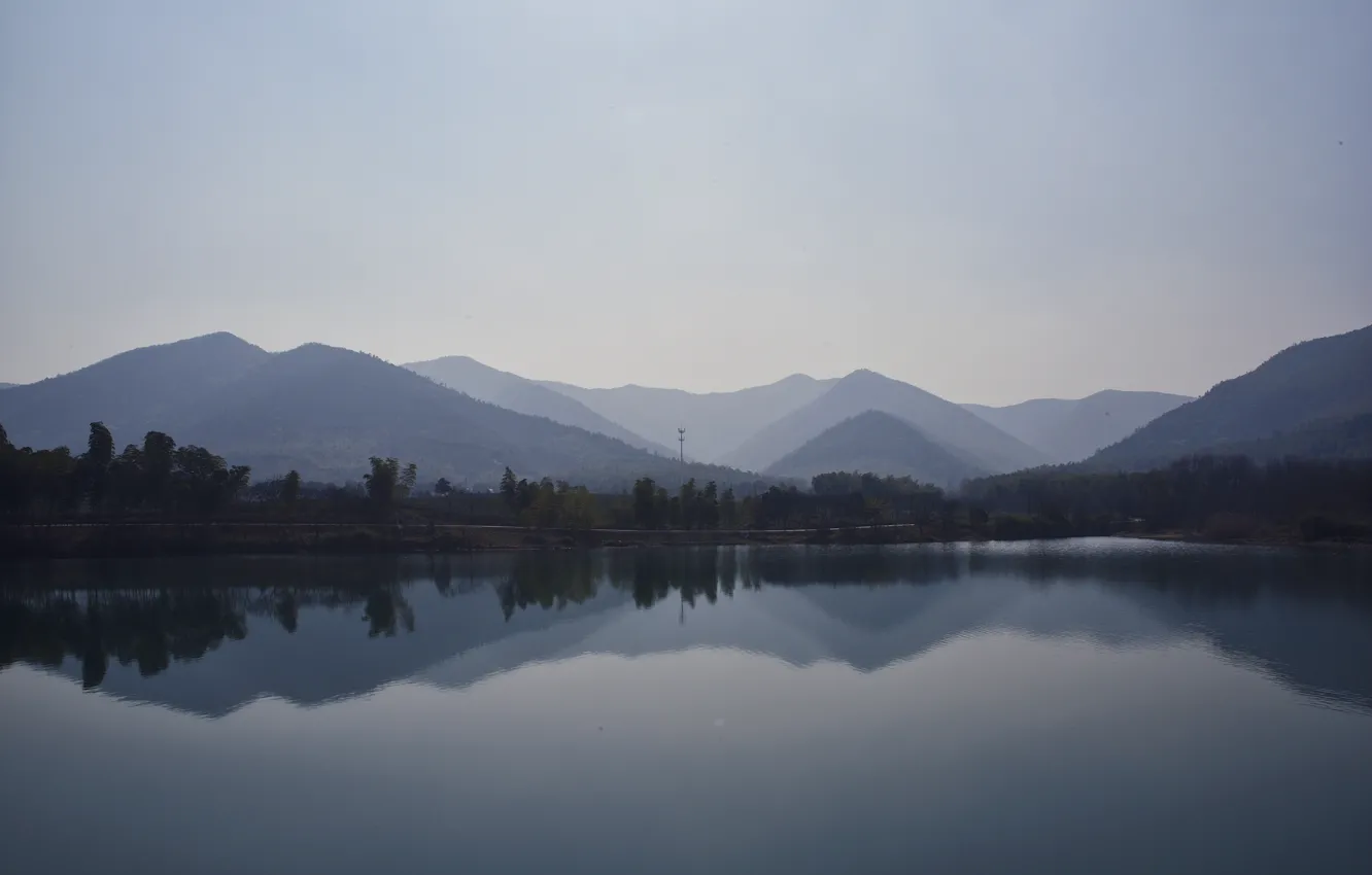 Photo wallpaper mountains, lake, vegetation, haze, pond, mountains, lake, vegetation