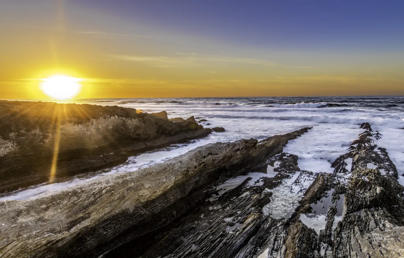 Photo wallpaper sea, wave, the sun, sunset, nature, stones