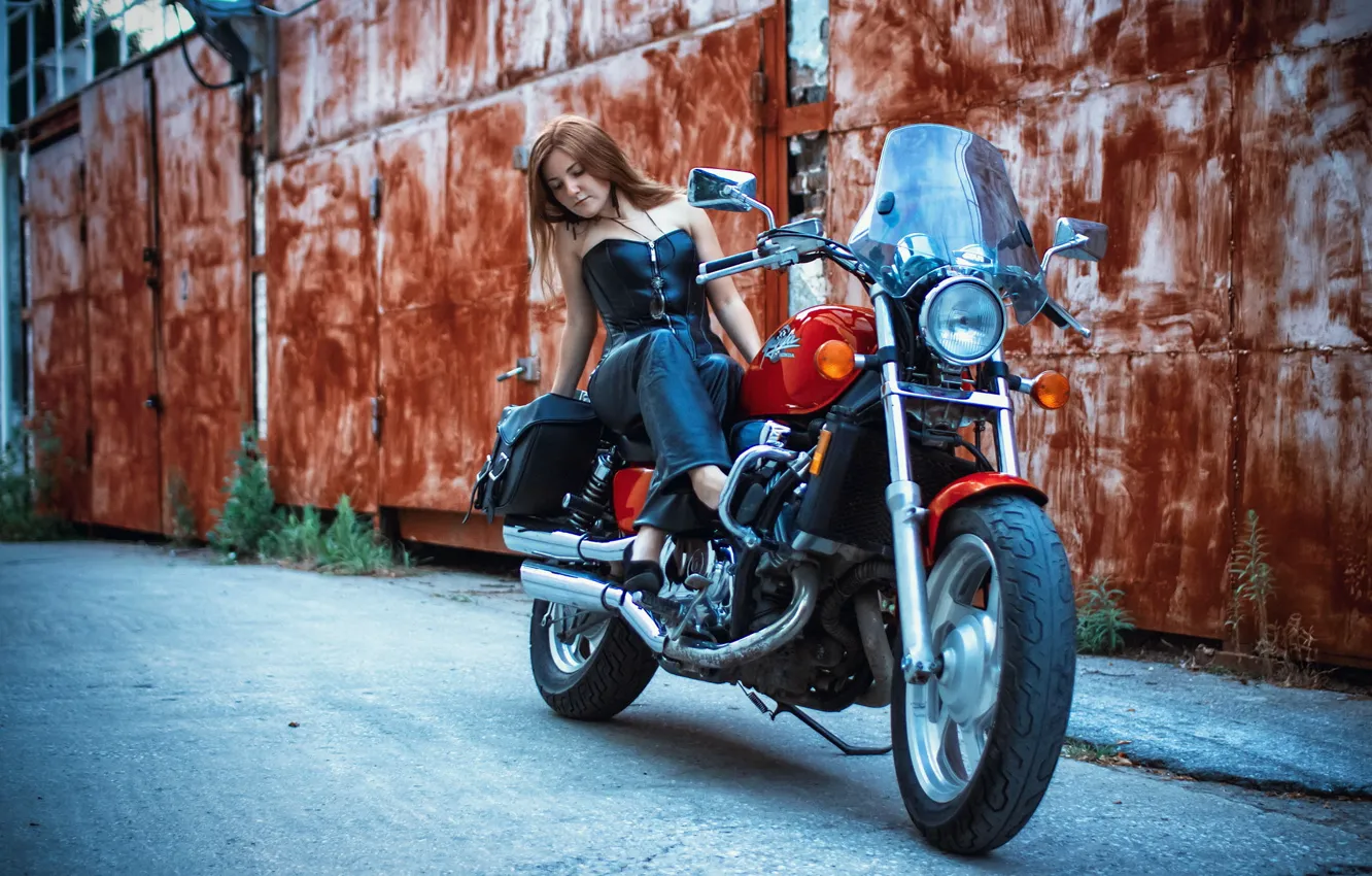 Photo wallpaper girl, street, motorcycle