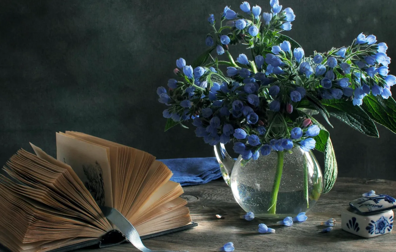 Photo wallpaper tape, box, book, vase, still life, gently, bookmark, blue flowers