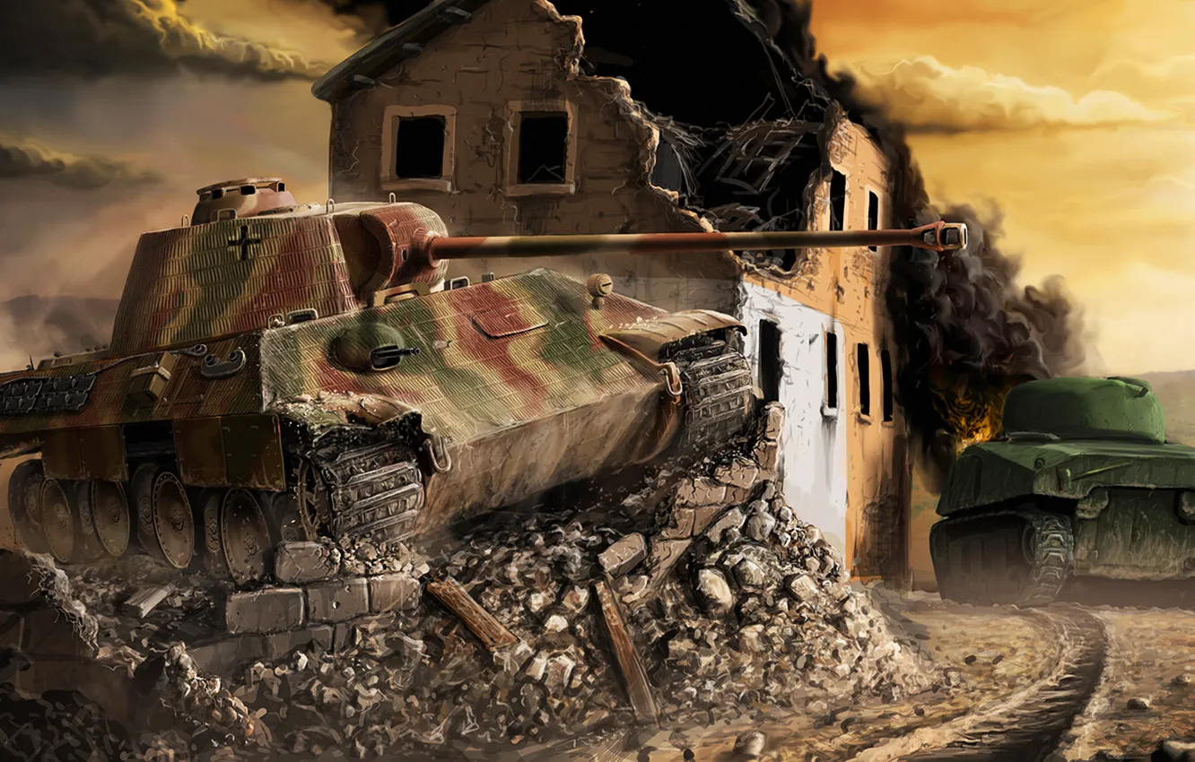 Photo wallpaper war, building, home, Germany, Panther, art, tank, war