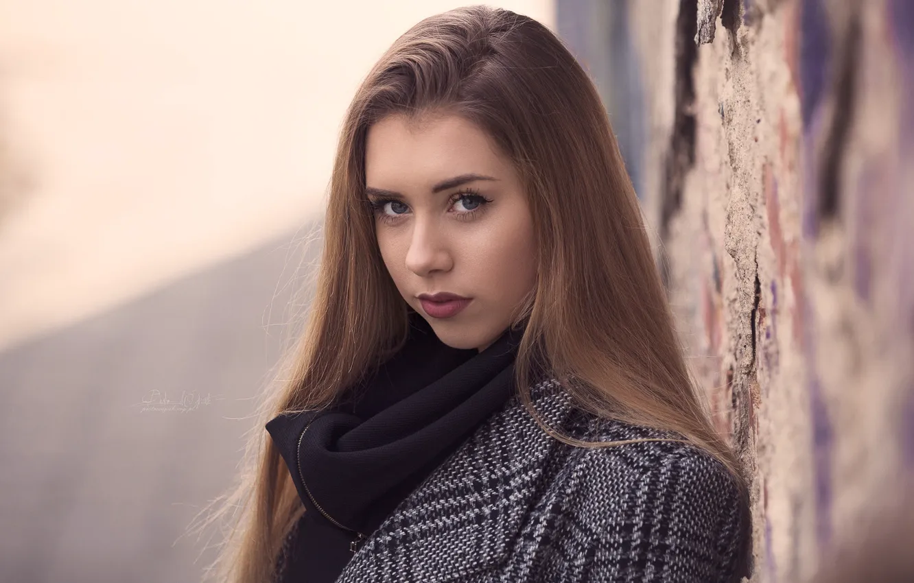 Photo wallpaper look, wall, model, portrait, makeup, hairstyle, brown hair, coat