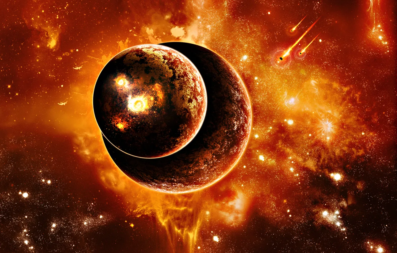 Photo wallpaper planets, sci fi, fire and heat
